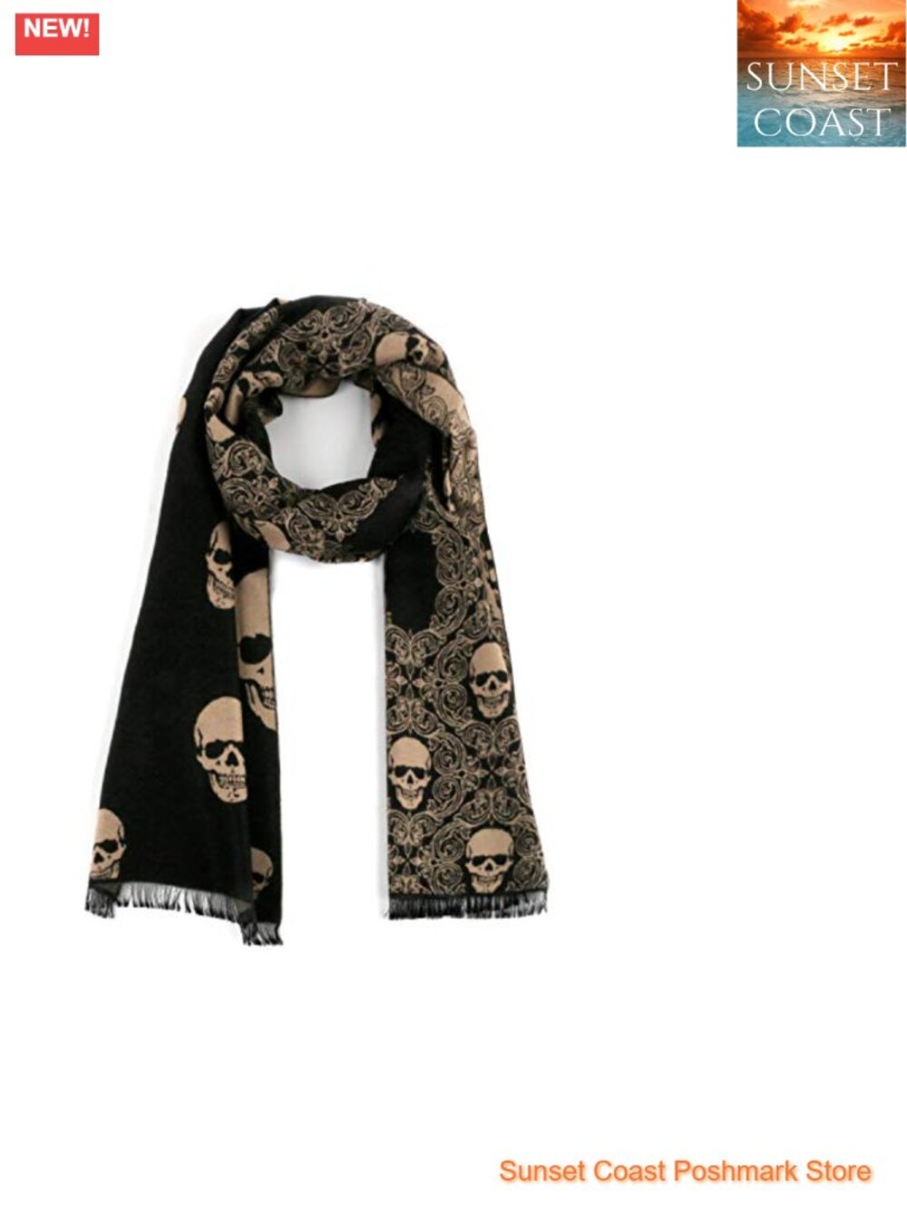 Gothic Skull Print Soft Scarf Shawl Viscose Black Cream Fall Halloween